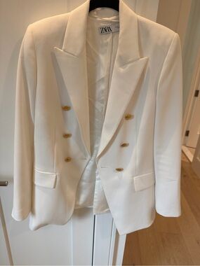 Zara Cream Double Breasted Gold Button Blazer Size M
